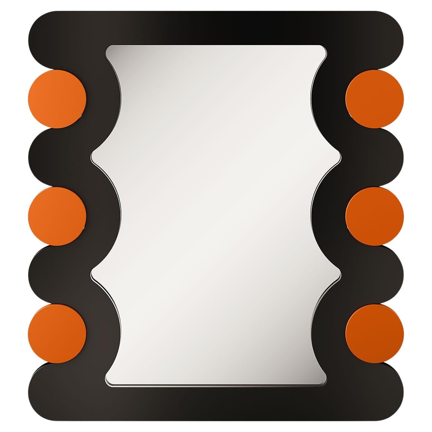 Mid-century Modern Wave Wall Mirror in Lacquered Wood Orange and Black Matte