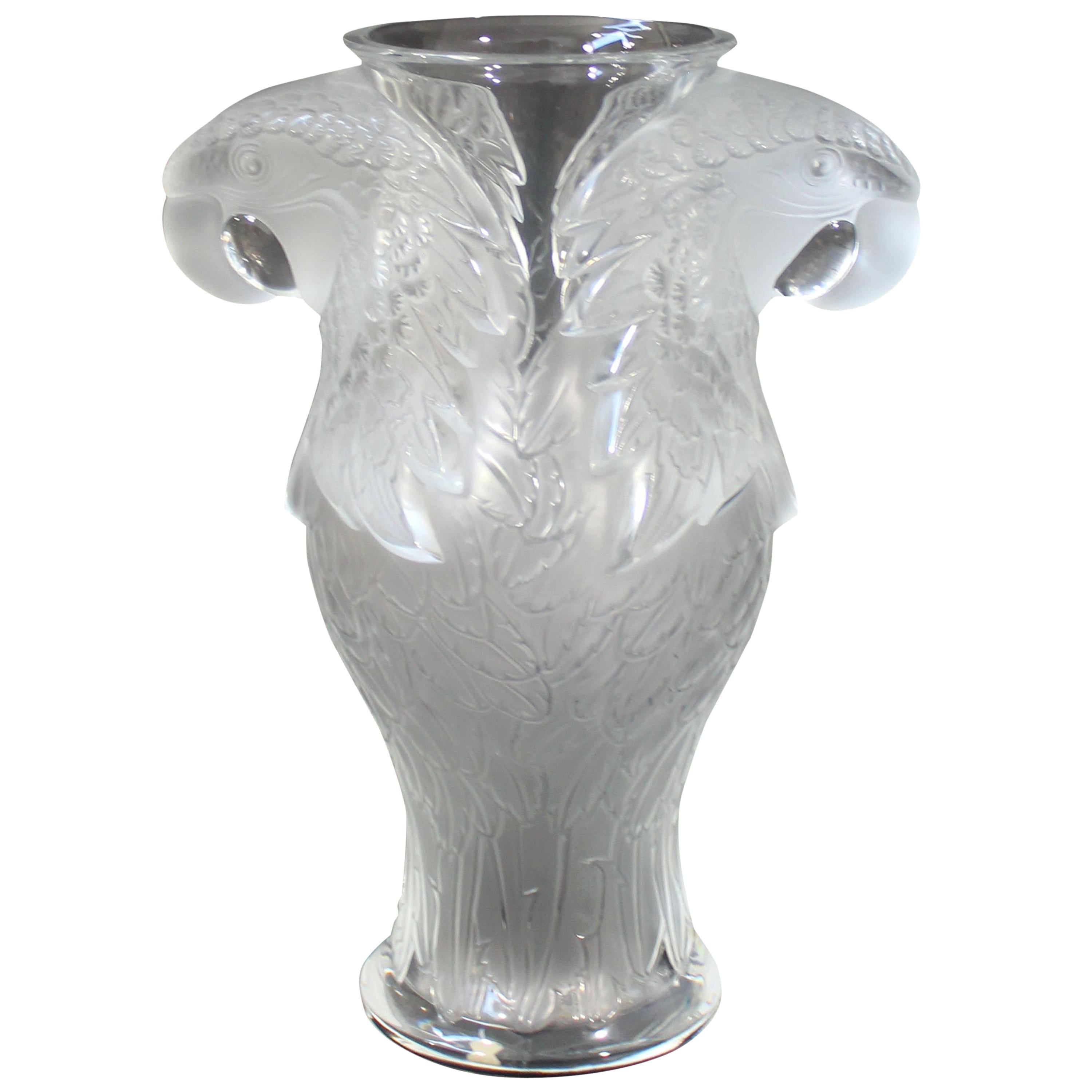 Contemporary Lalique France Crystal Glass Macao Macaw Vase Table Sculpture