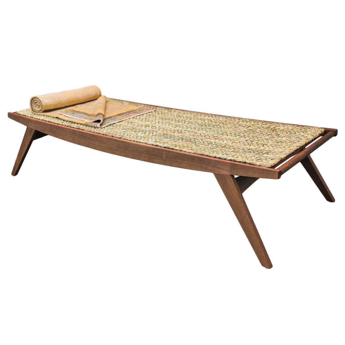 Contemporary Lambda Daybed, Fumed Oak Frame, Oak Slatted Seat with Rush Mat For Sale