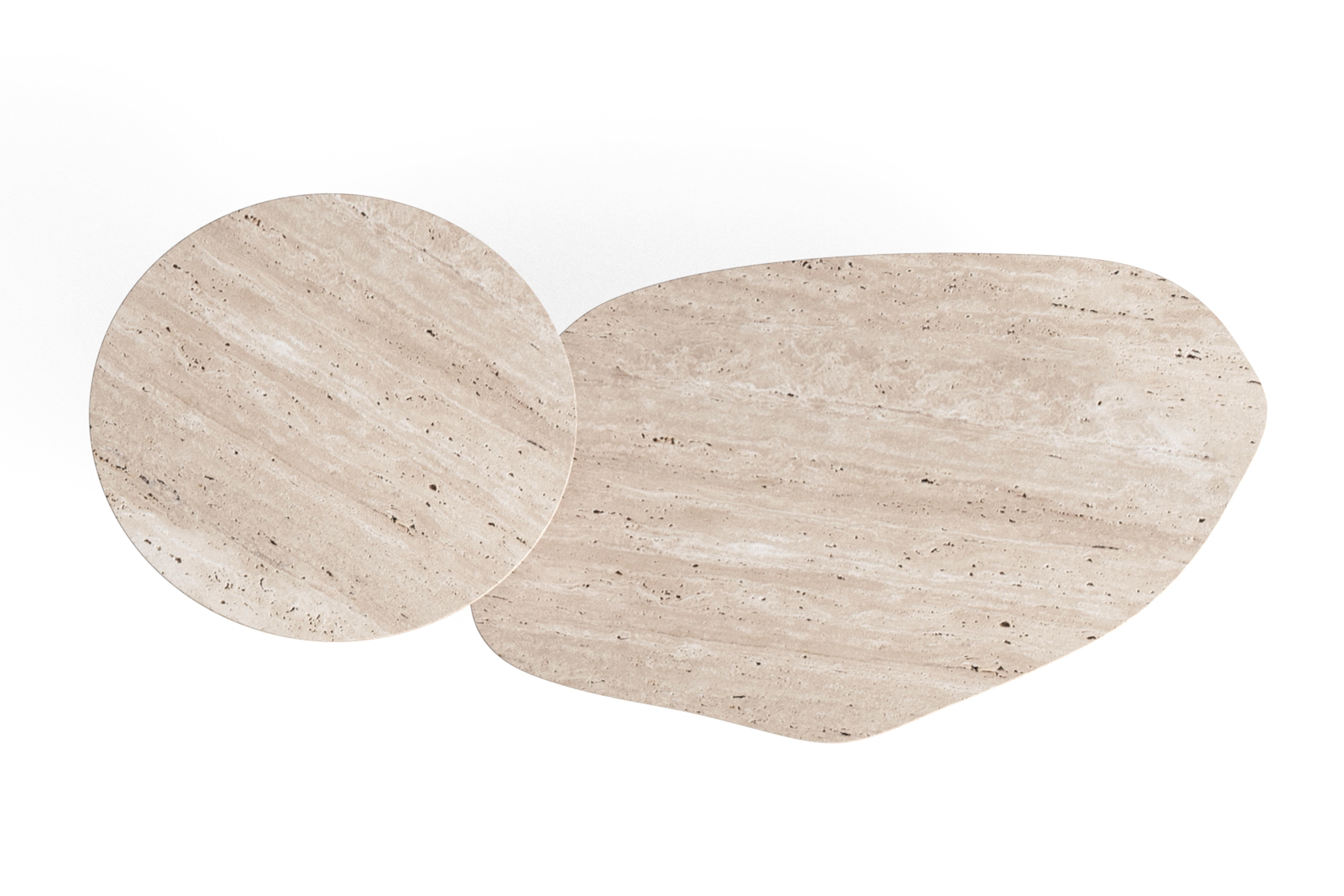 Mid-Century Modern Contemporary Landscape Nesting Coffee Table Set/2 Travertine Handmade Greenapple For Sale