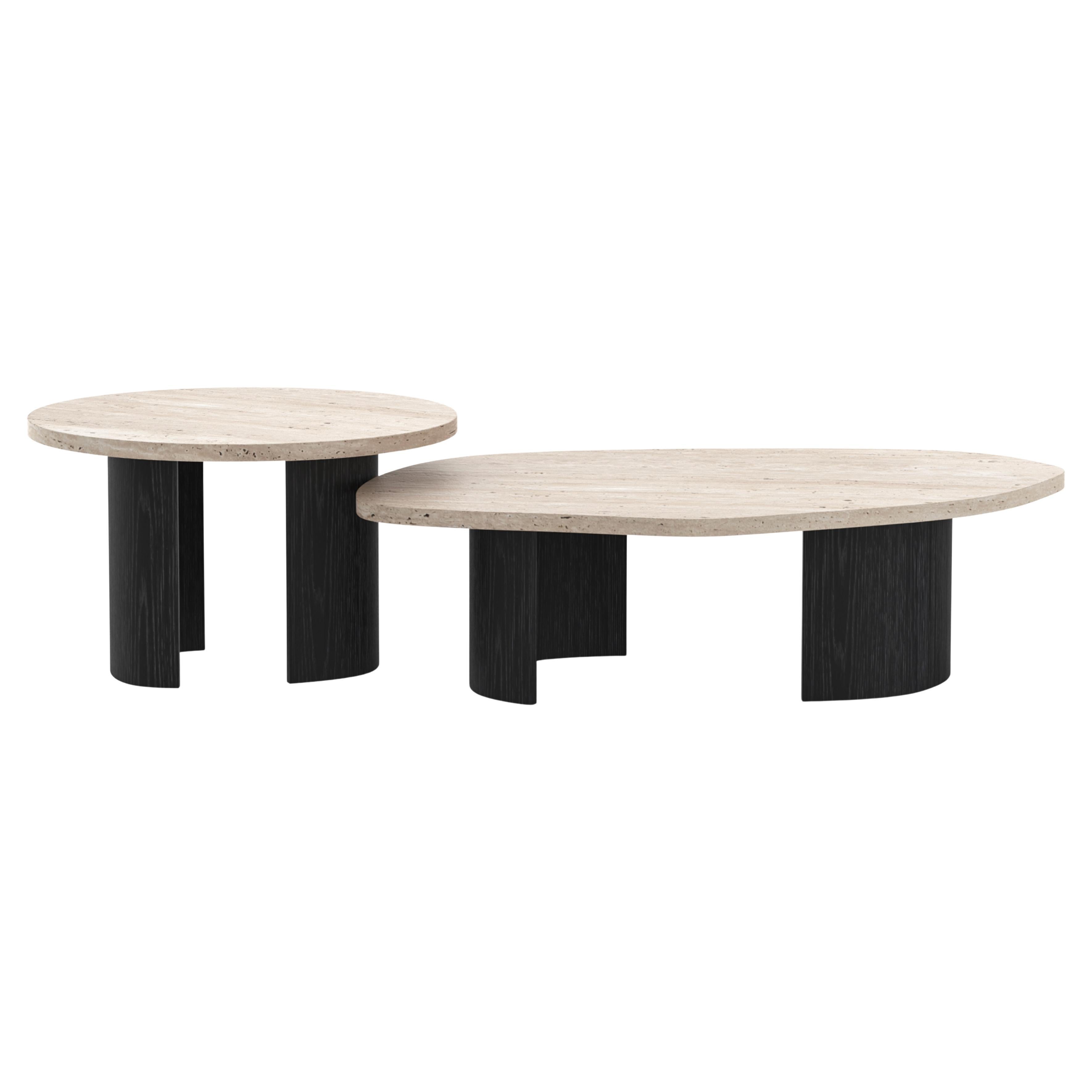 Portuguese Contemporary Landscape Nesting Coffee Table Set/2 Travertine Handmade Greenapple For Sale