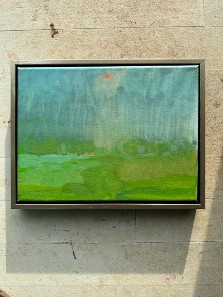 Contemporary landscape painting. 9 x 12 inches framed in a silver faced 'floater frame