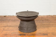 Contemporary Laotian Style Bronze Rain Drum with Geometric and Foliage Motifs