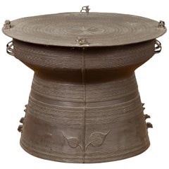 Contemporary Laotian Style Bronze Rain Drum with Geometric and Foliage Motifs