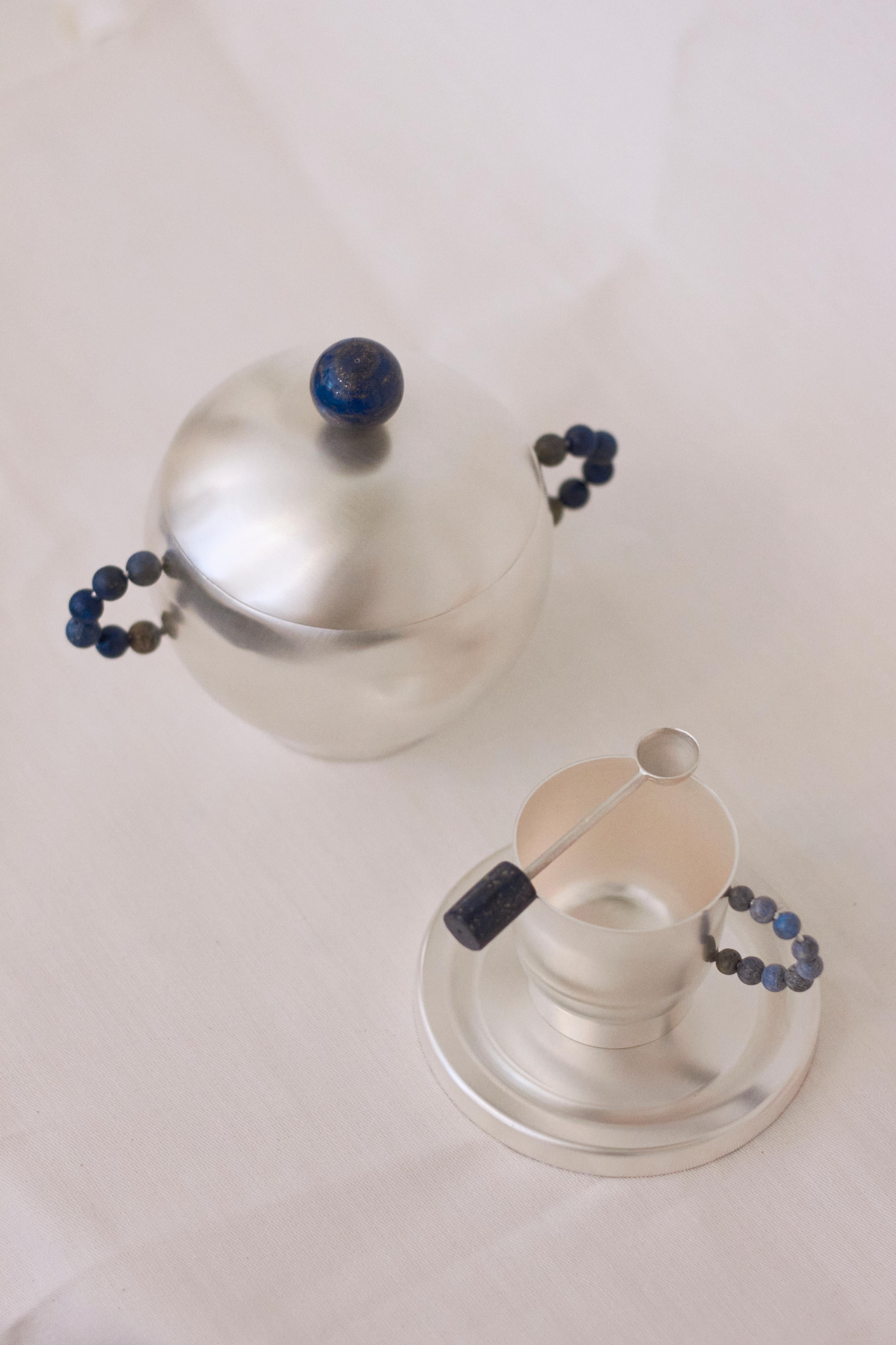 Contemporary Lapis Lazuli Handle Sugar container Silver Plated Natalia Criado In New Condition For Sale In Milan, IT