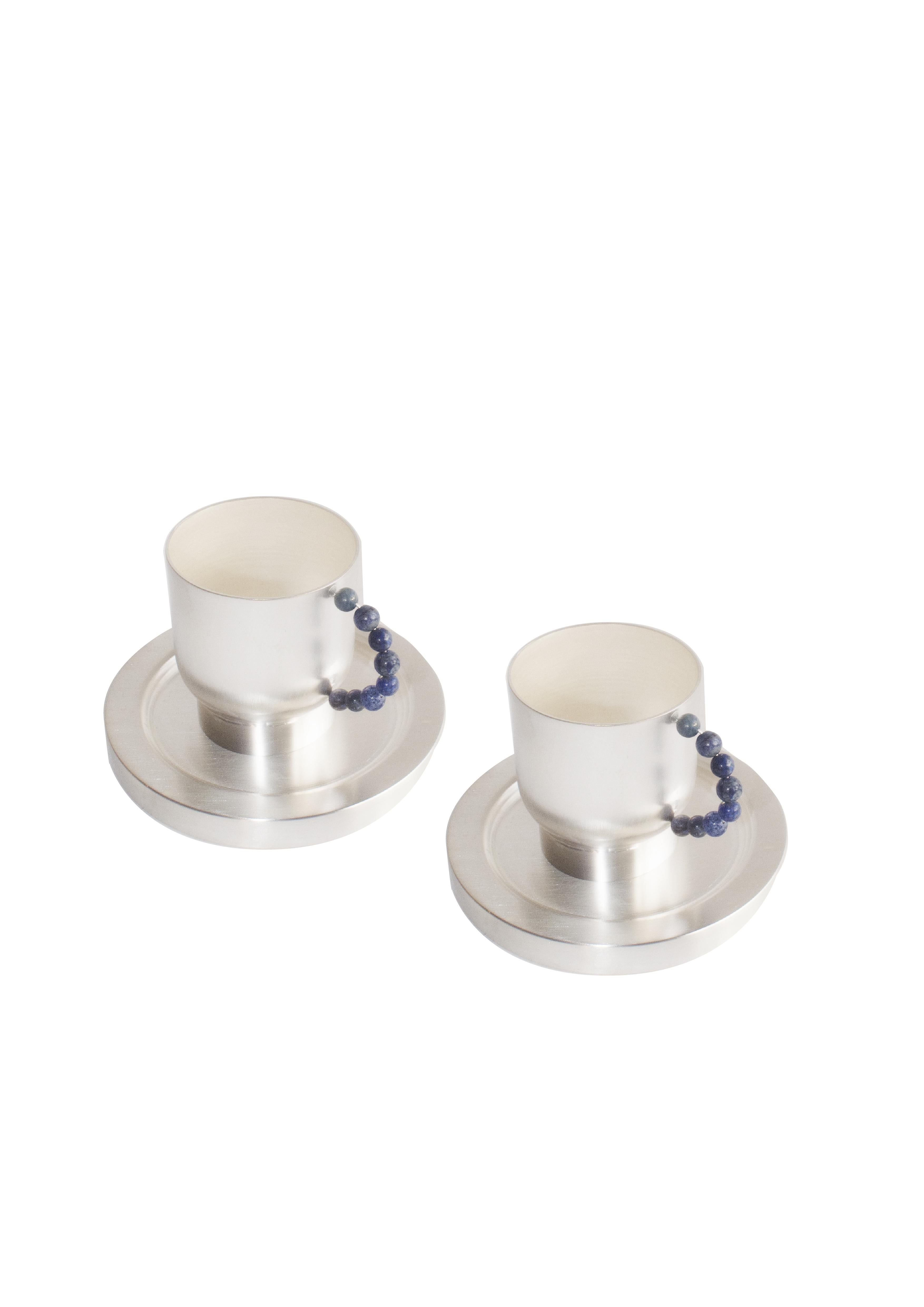 italien Contemporary Lapis Lazuli Set Handle Tea Cup Plate Silver Plated Natalia Criado en vente