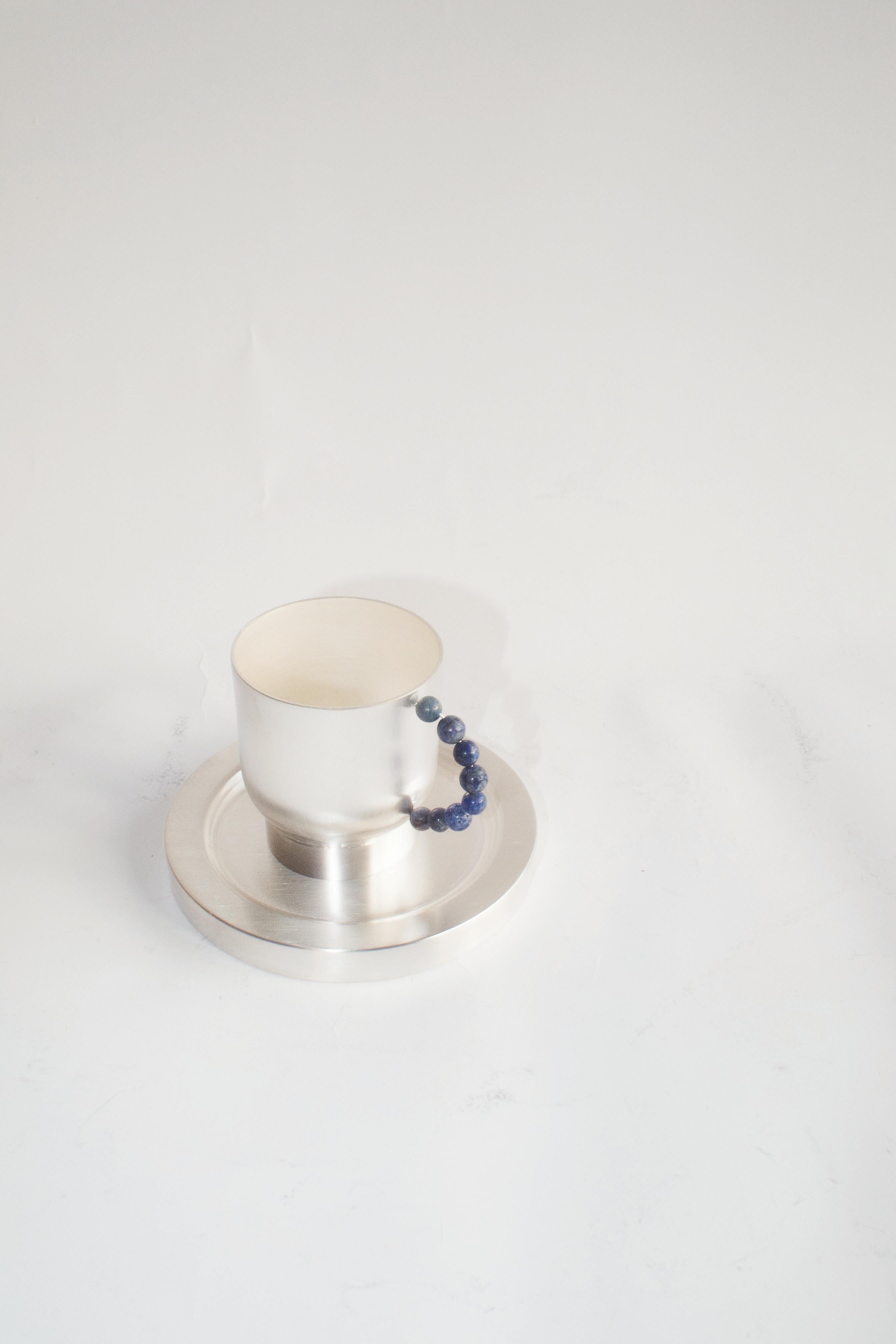 Contemporary Lapis Lazuli Set Handle Tea Cup Plate Silver Plated Natalia Criado In New Condition For Sale In Milan, IT