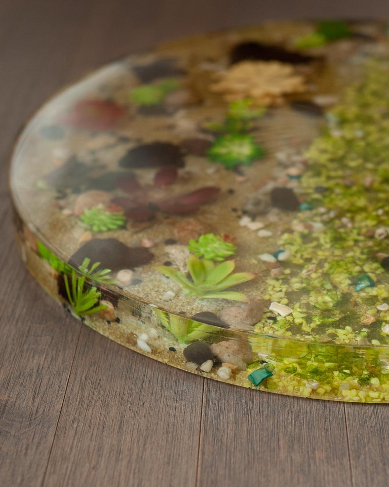 Contemporary Large Acrylic Cake Serving Plate with Faux Plants For Sale