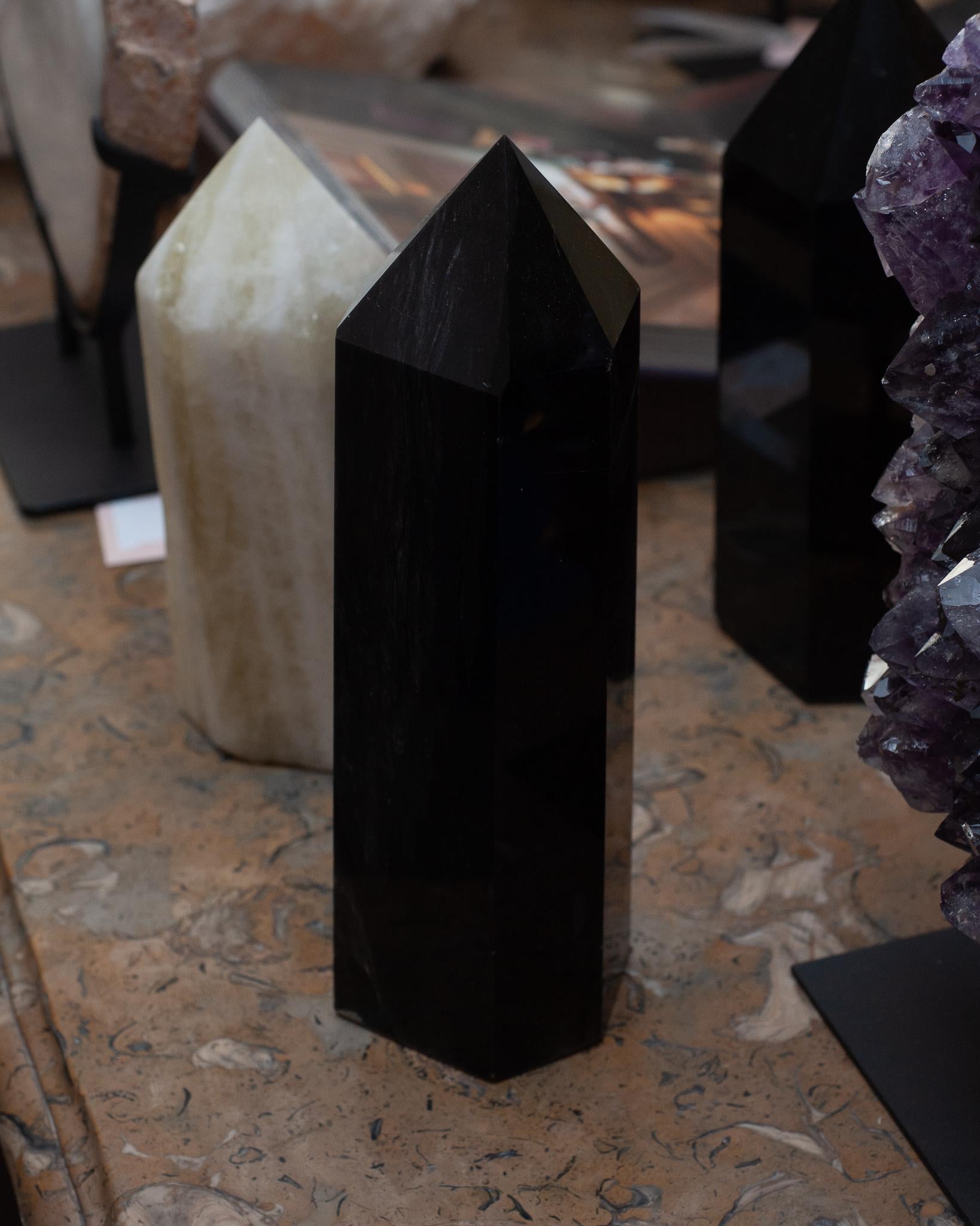 American Contemporary Large Black Obsidian Obelisk / Crystal Point For Sale