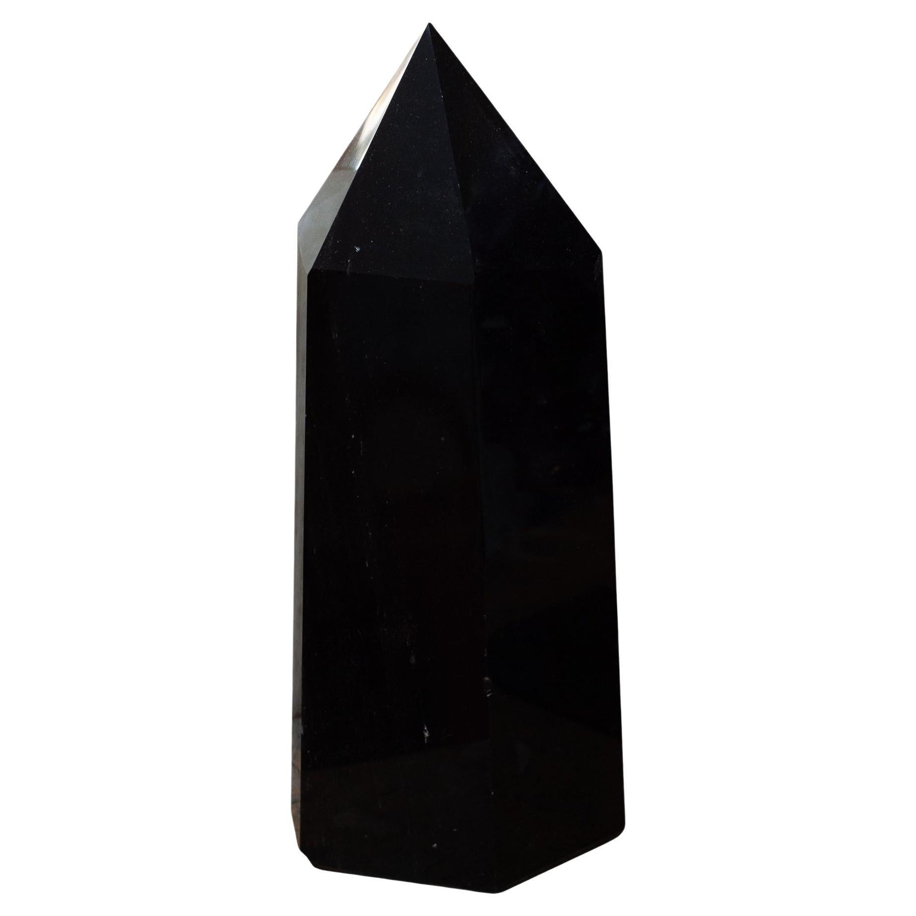 Grand obélisque contemporain en obsidienne noire / pointe de cristal