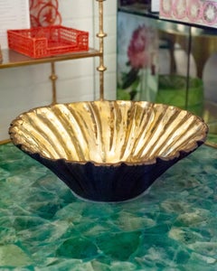 Contemporary Large Blackened Brass Fluted Bowl with Polished Brass Interior