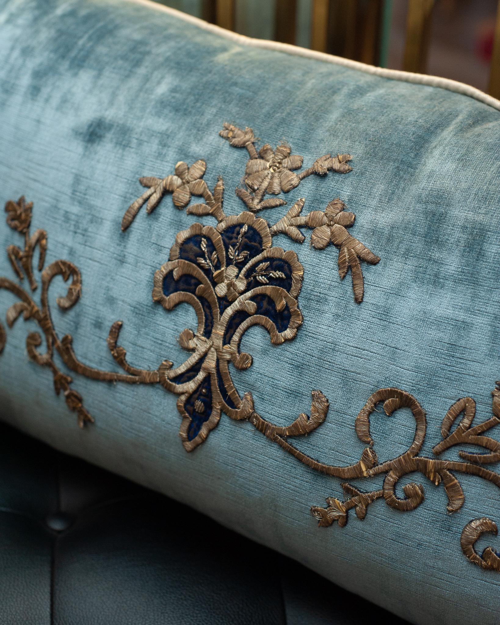 American Contemporary Large Blue Velvet Pillow with Antique Embroidered Appliqué For Sale