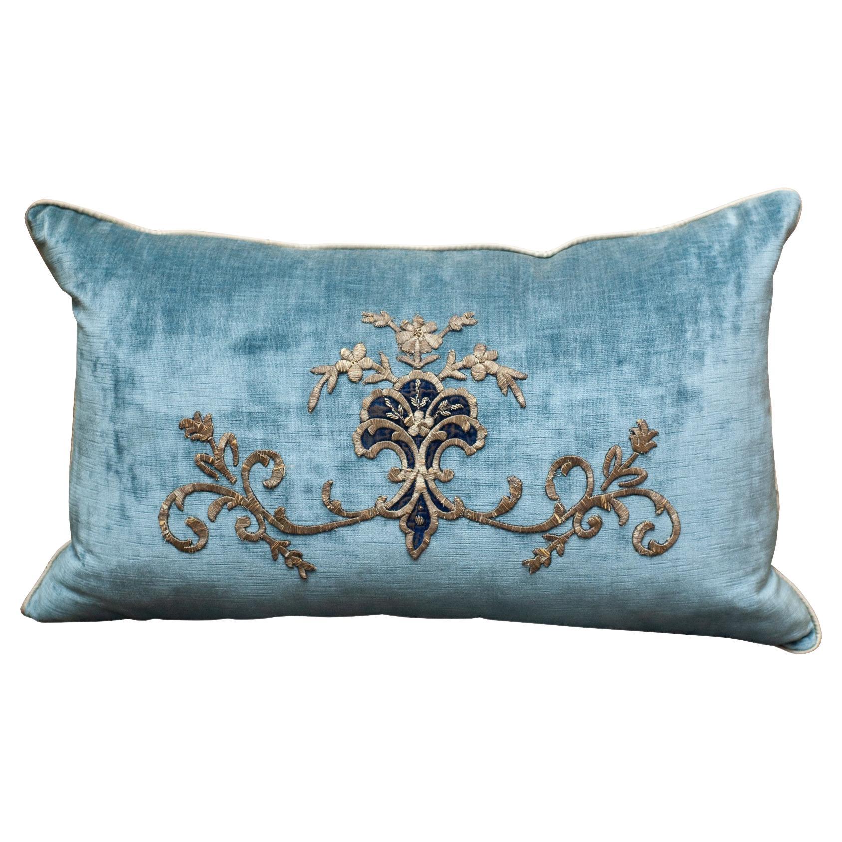 Contemporary Large Blue Velvet Pillow with Antique Embroidered Appliqué For Sale