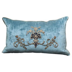 Contemporary Large Blue Velvet Pillow with Antique Embroidered Appliqué