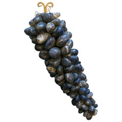 Contemporary Large Bunch of Blue Sodalite Stone Grapes with Gold Metal Stem