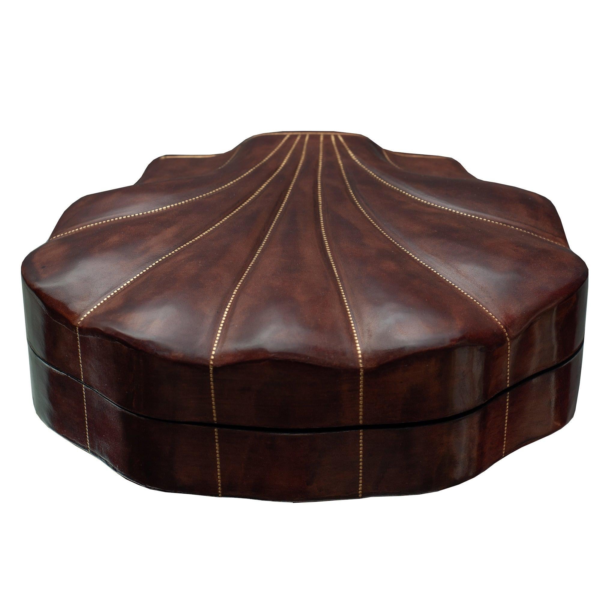 Contemporary Large Burgundy Leather Shell Box with Brown Velvet Lining