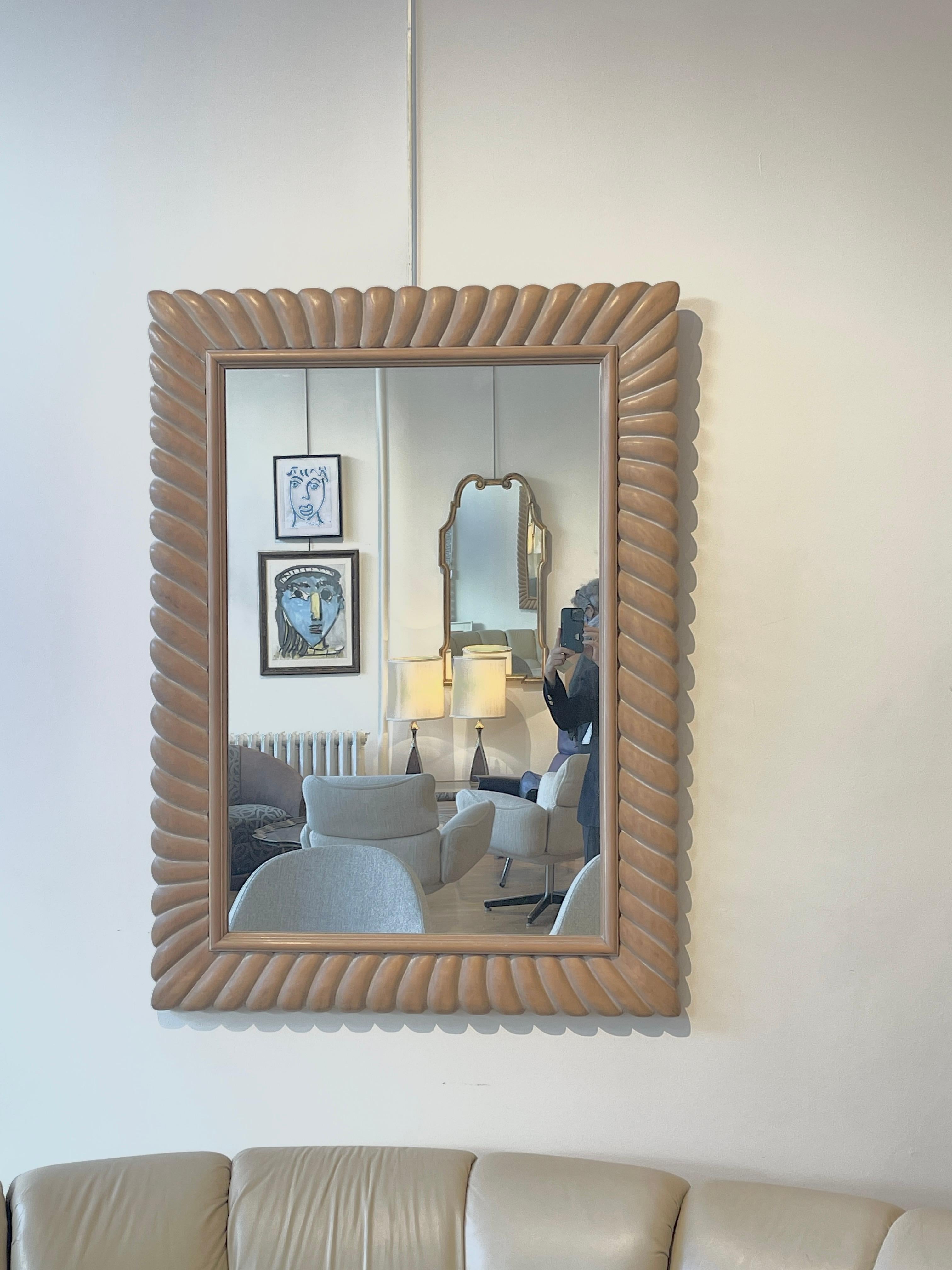 Italian Contemporary Large & Elegant Rectangle Carved Blonde Wood Wall Mirror