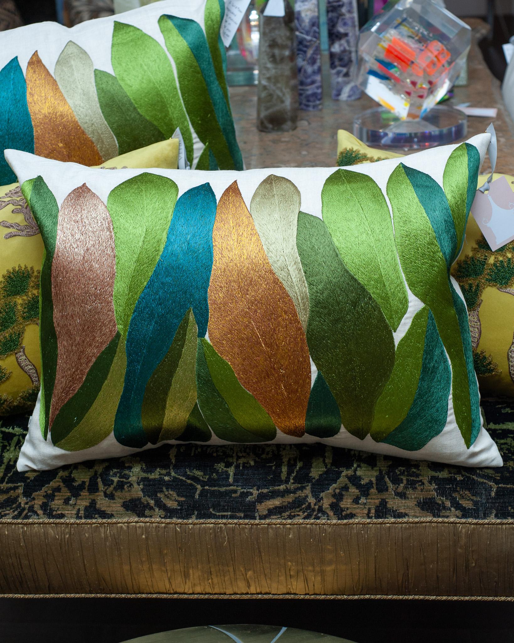 A stunning large pillow with leaves, ornately embroidered in a combination of coloured and metallic thread on linen backing. Casual yet elegant, a new pair of pillows can transform a space with a modest investment. 