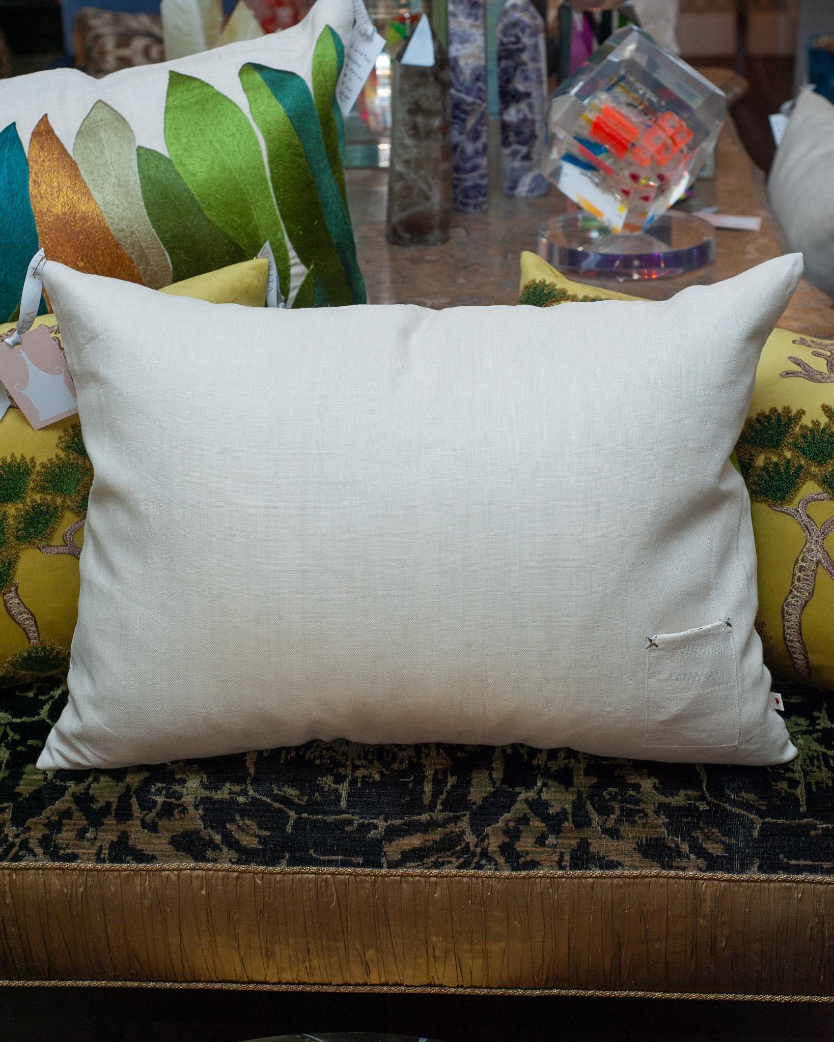 Contemporary Large Embroidered Pillow with Green and Gold Leaves on Linen In New Condition For Sale In Toronto, ON