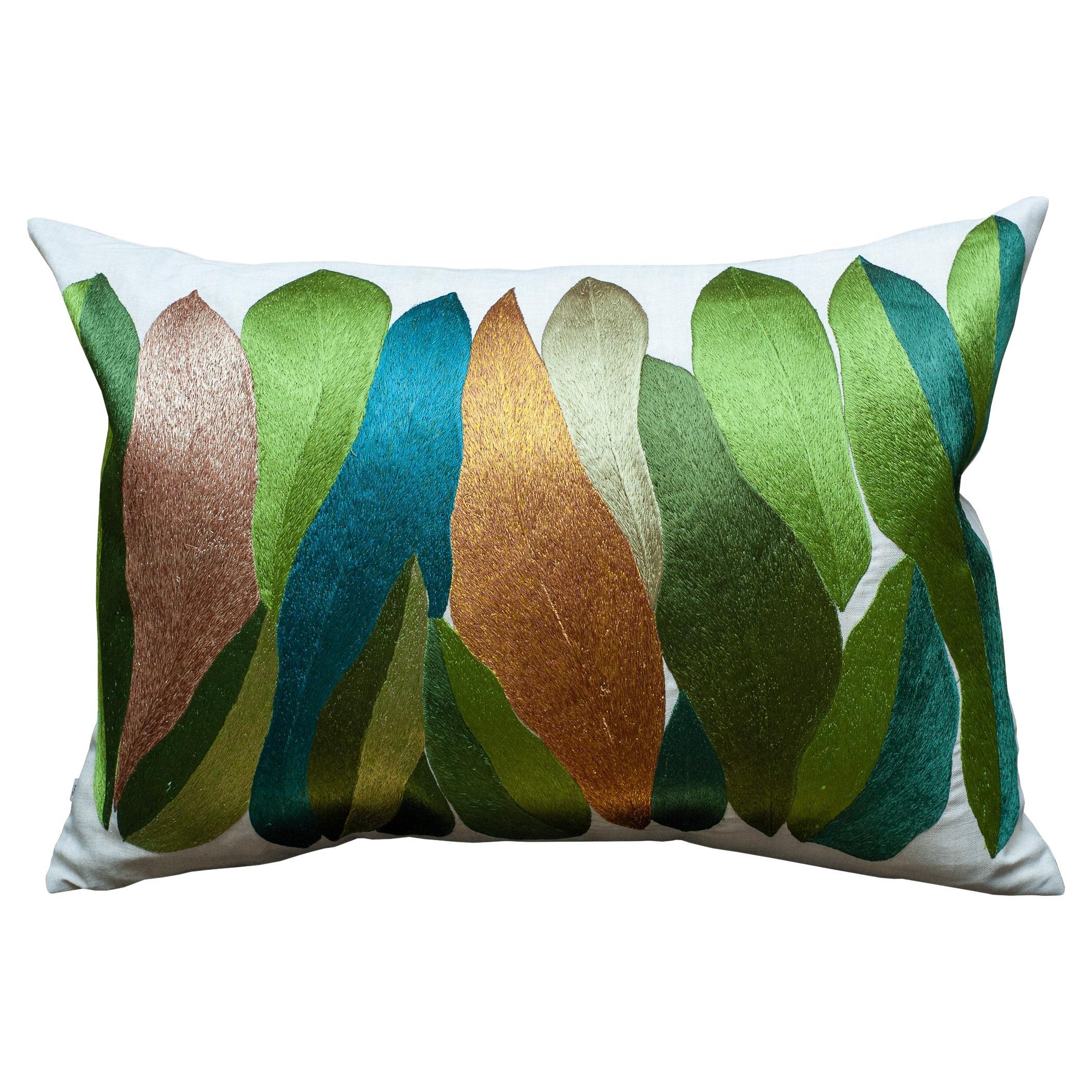 Contemporary Large Embroidered Pillow with Green and Gold Leaves on Linen For Sale