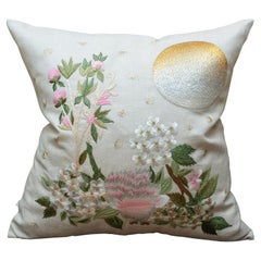 Contemporary Large Embroidered Pillow with Moon and Floral Motifs on Linen