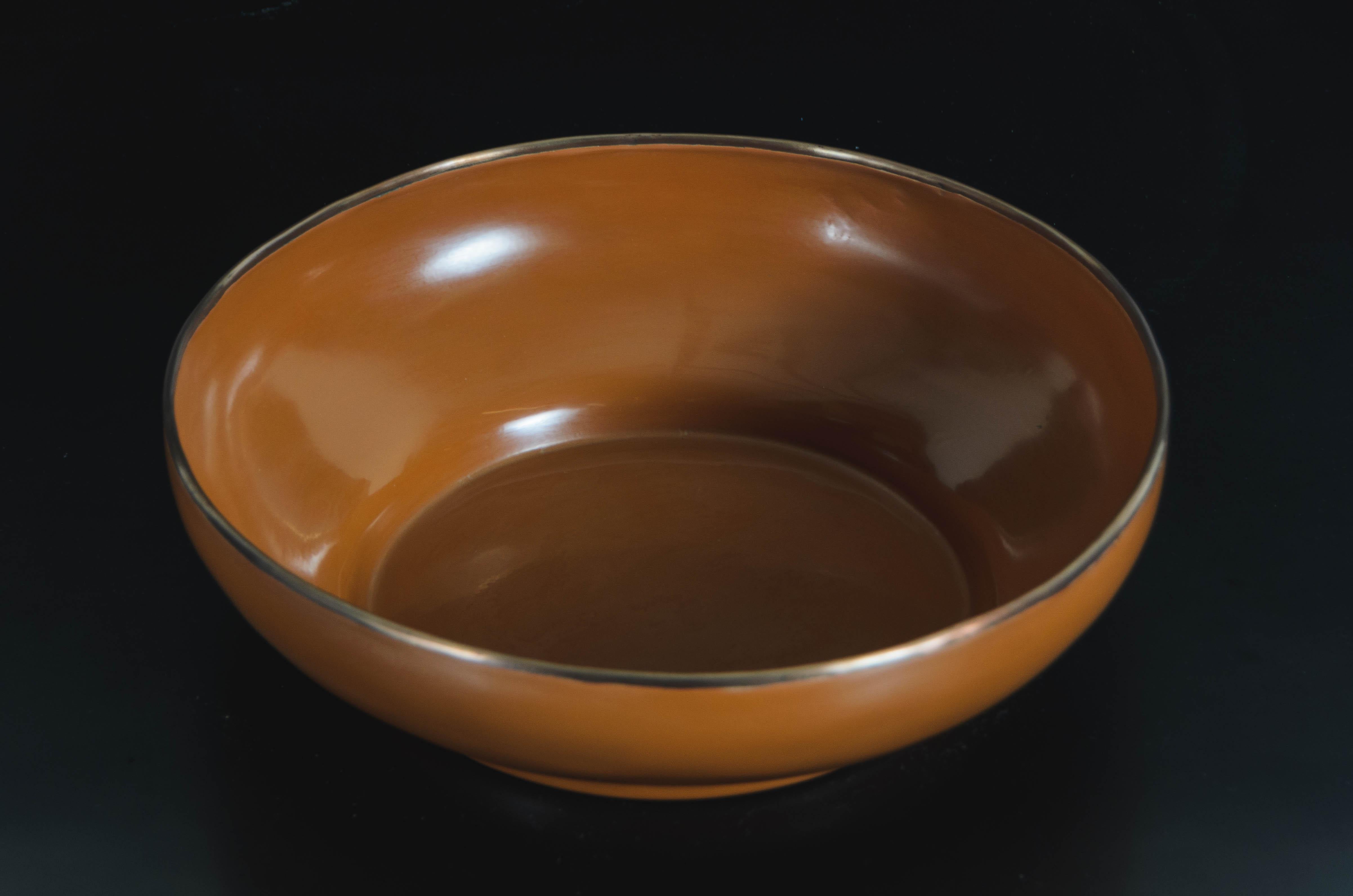 Minimalist Contemporary Large Footed Bowl W/ Copper Rim in Mila Lacquer by Robert Kuo For Sale