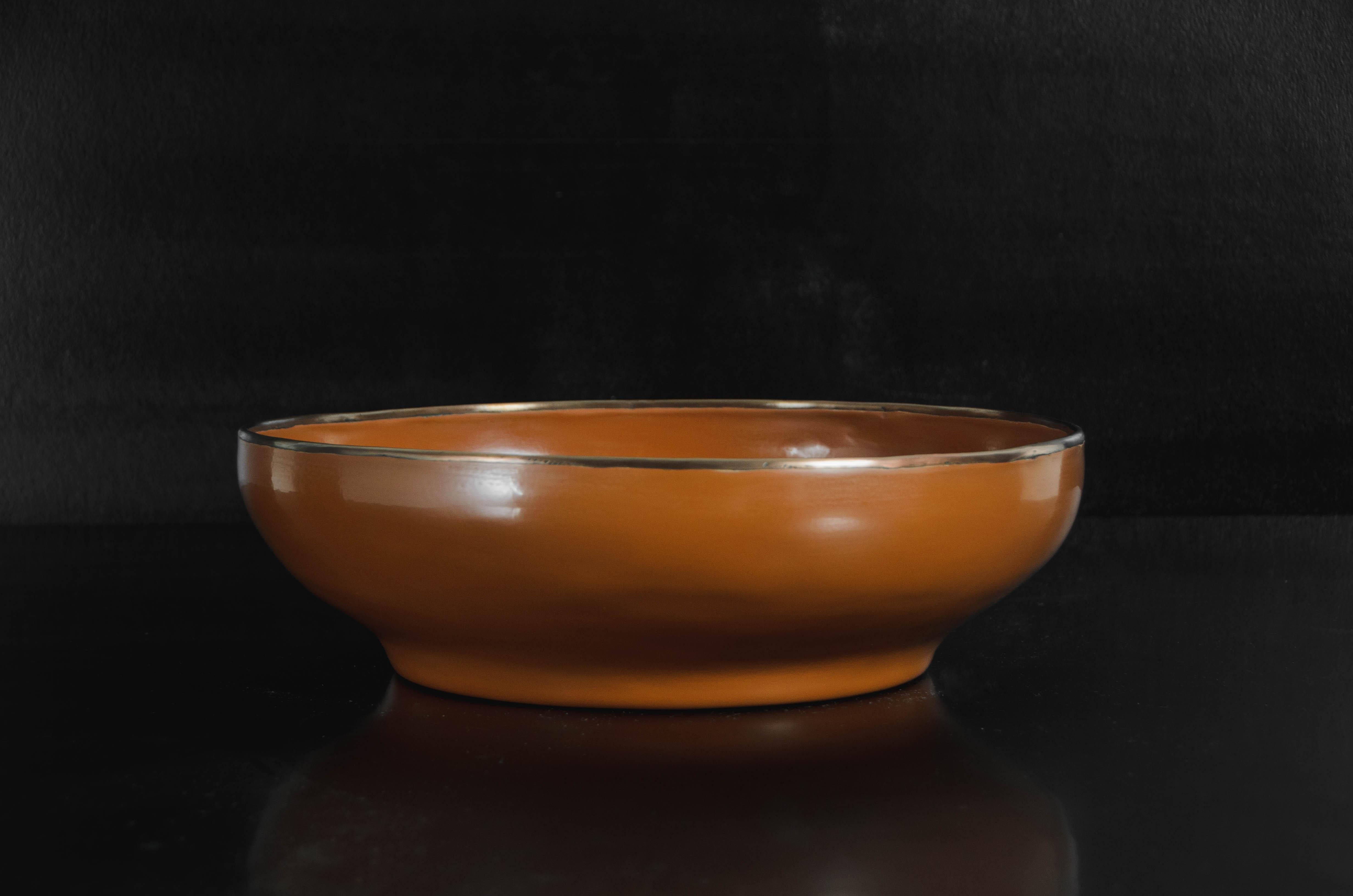 Repoussé Contemporary Large Footed Bowl W/ Copper Rim in Mila Lacquer by Robert Kuo For Sale