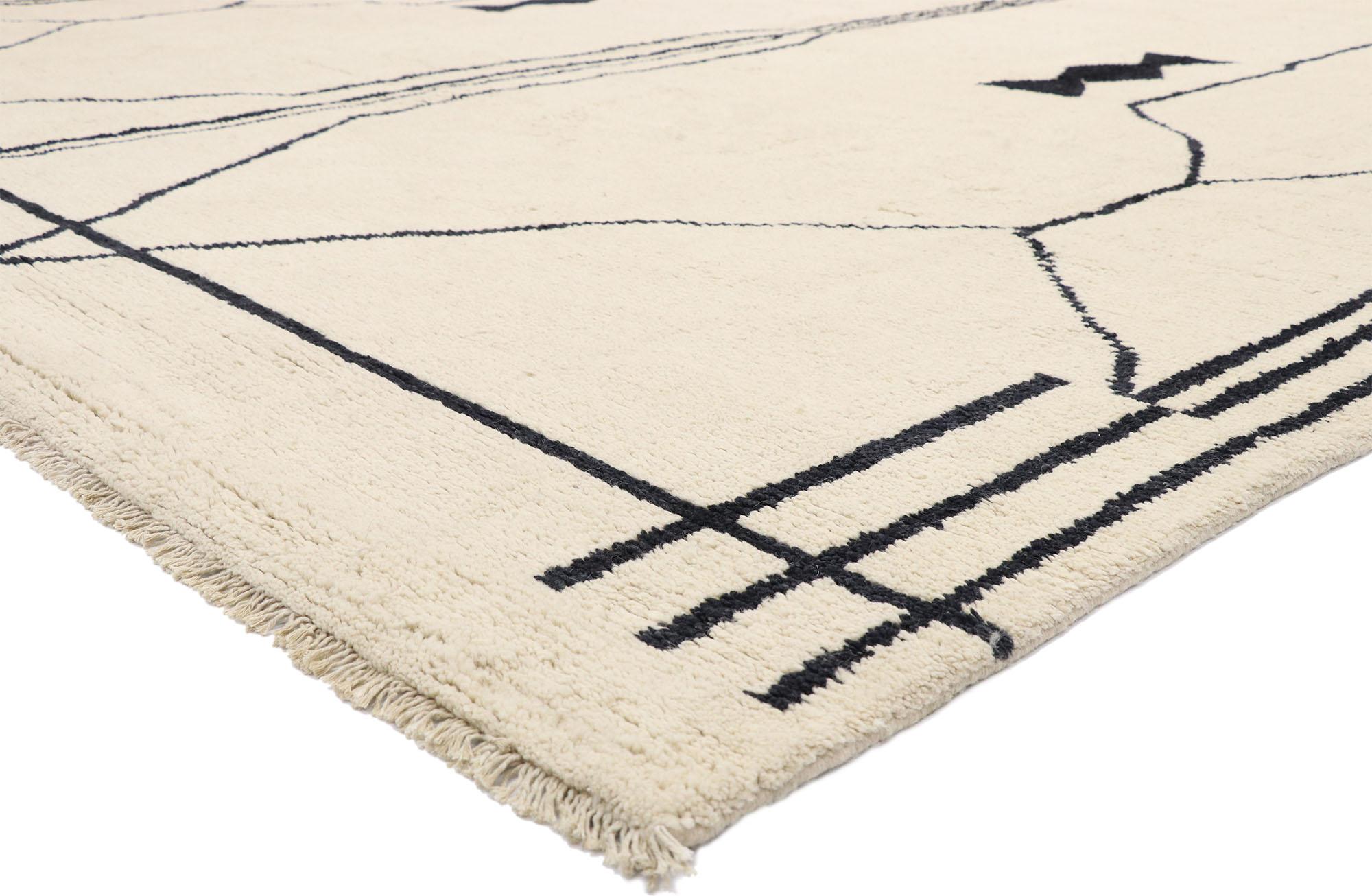 80546, contemporary large Moroccan Area rug with Line Art and Tribal style. This hand knotted wool contemporary Moroccan area rug with line art design and tribal style features contrasting black lines running the length of the creamy-beige backdrop