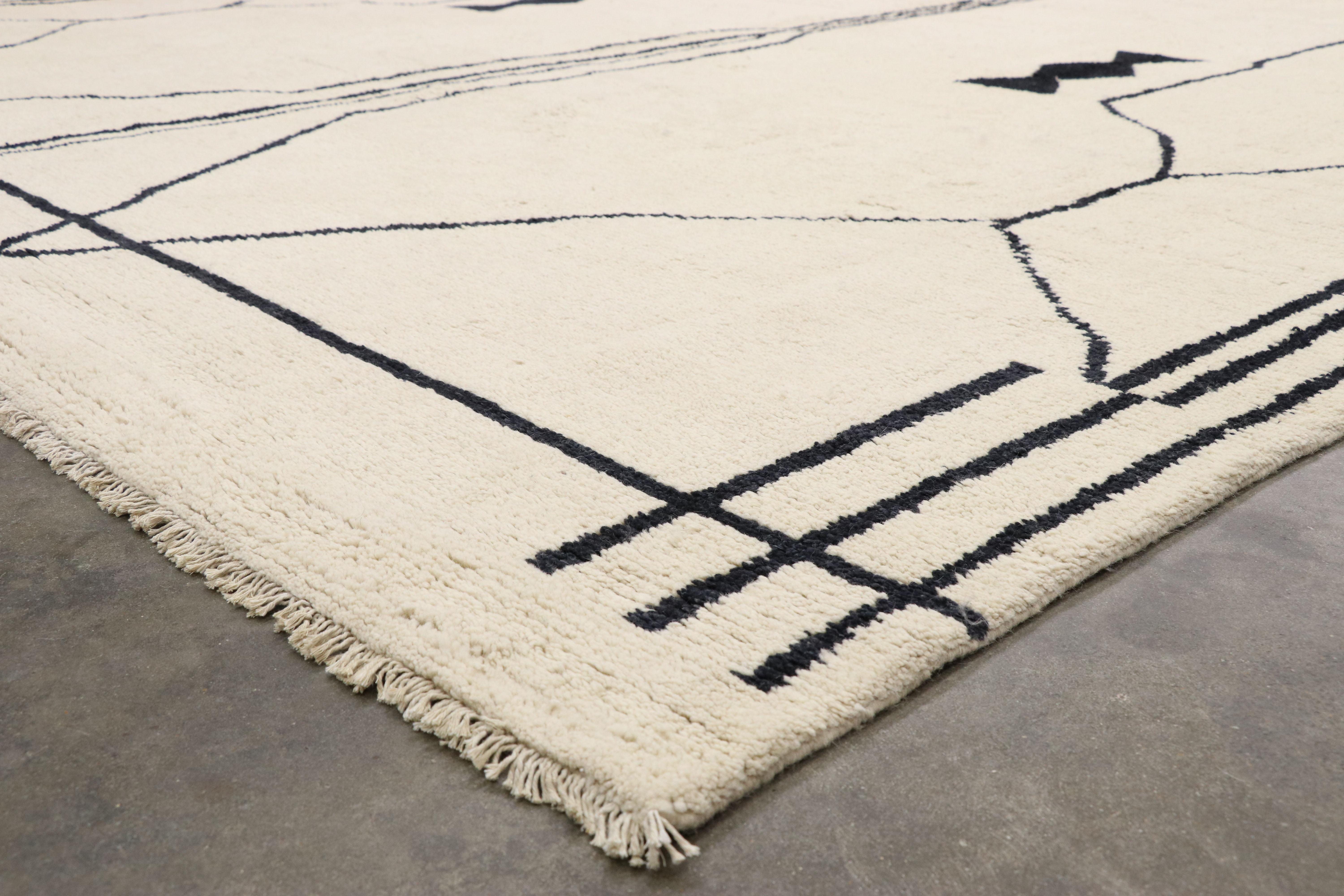 Wool Contemporary Large Moroccan Area Rug with Line Art and Tribal Style