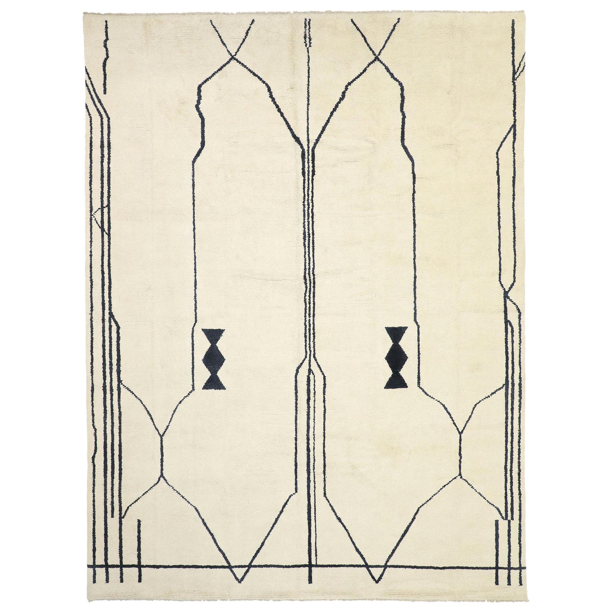 Contemporary Large Moroccan Area Rug with Line Art and Tribal Style