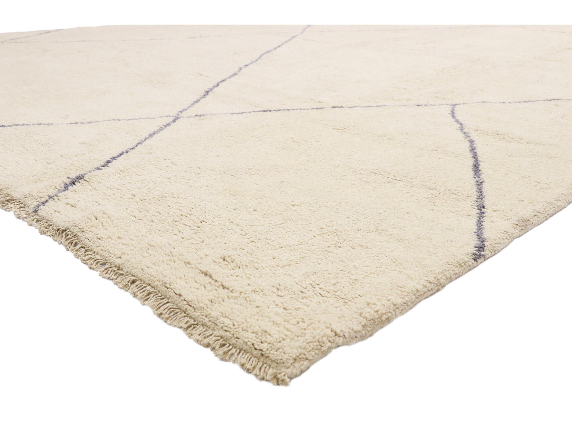 80539 Organic Modern Moroccan Rug, 09'10 x 13'08. In this hand-knotted wool large Moroccan area rug, the essence of Organic Modern design merges seamlessly with the cozy allure of a nomadic lifestyle. Against a creamy-vanilla field, a series of