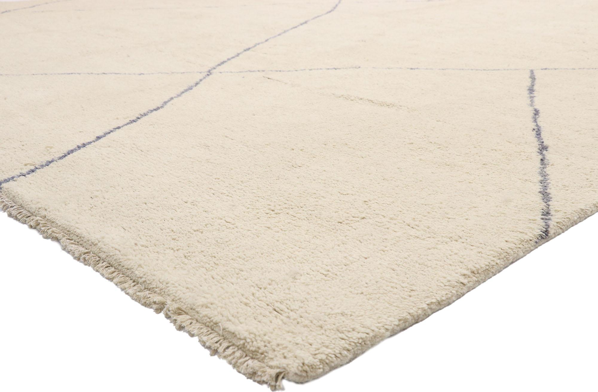 80547, contemporary large Moroccan rug with Modernist style and cozy minimalist vibes 12'01 x 16'01. This hand knotted wool contemporary Moroccan style rug features contrasting cool slate lines running the length of the creamy-vanilla field. The
