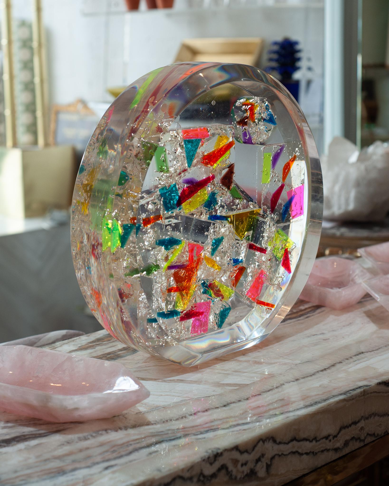 A large acrylic sculpture in multicoloured cast acrylic by a Cuban artist. Cast entirely in clear acrylic with splashes of pinks, blue, oranges, yellows and greens, this vibrant sculpture catches the light beautifully. It is a modern and unusual