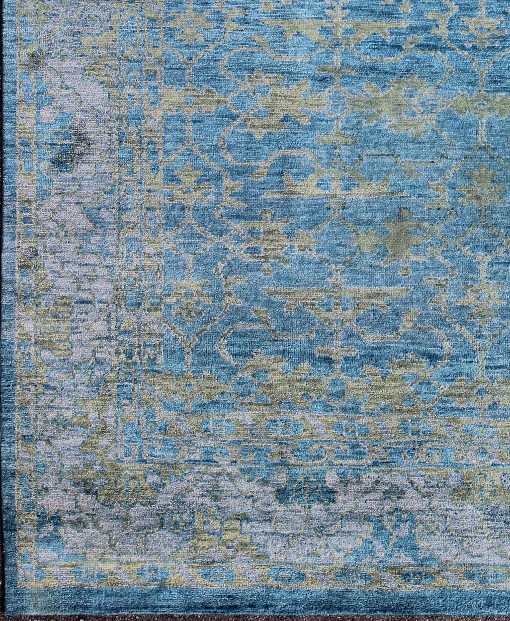Indian Large Oushak Contemporary Rug in Blue, Silver Gray/Lavender & Yellow Green