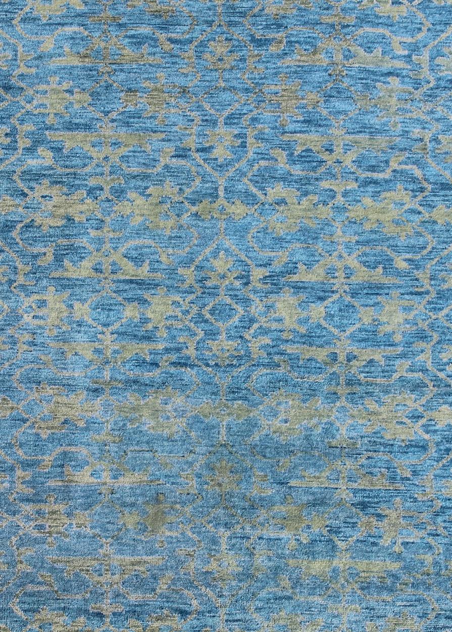 Hand-Knotted Large Oushak Contemporary Rug in Blue, Silver Gray/Lavender & Yellow Green