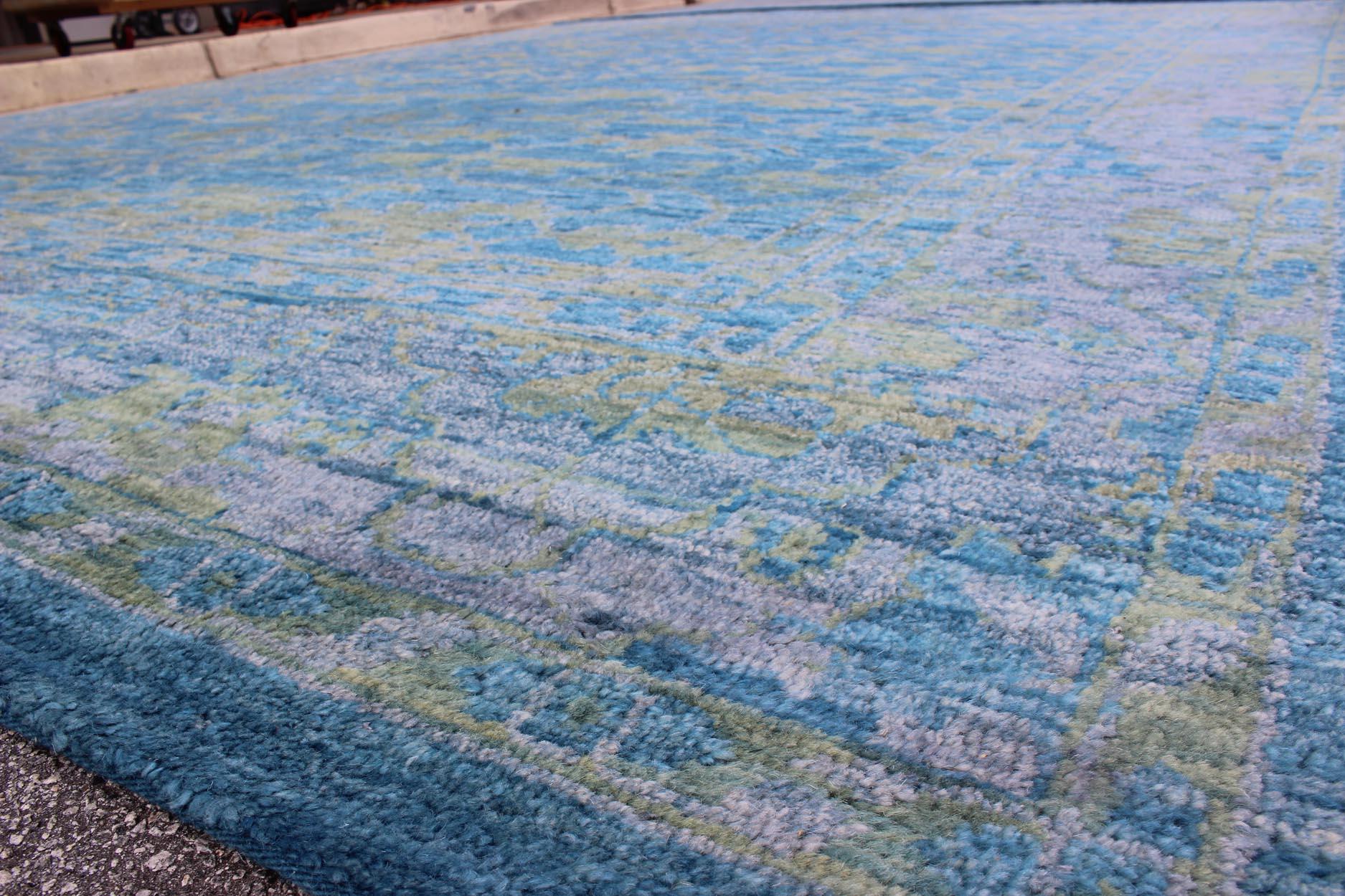 Large Oushak Contemporary Rug in Blue, Silver Gray/Lavender & Yellow Green In Excellent Condition In Atlanta, GA