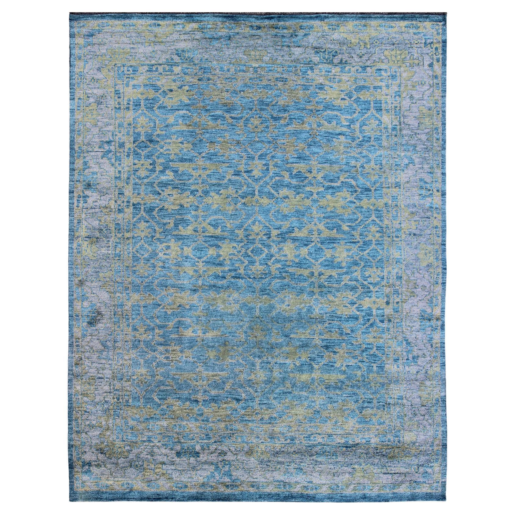 Large Oushak Contemporary Rug in Blue, Silver Gray/Lavender & Yellow Green