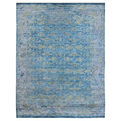 Contemporary Large Oushak Design Rug in Blue, Gray and Yellow Green