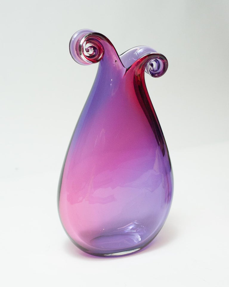 Canadian Contemporary Large Red and Purple Curly Blown Glass Vase