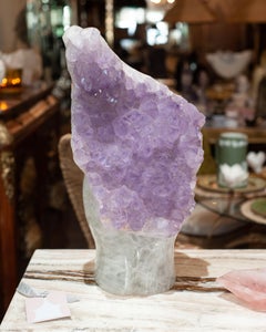 Contemporary Large Scale Carved Amethyst "Madonna" Specimen on Clear Quartz