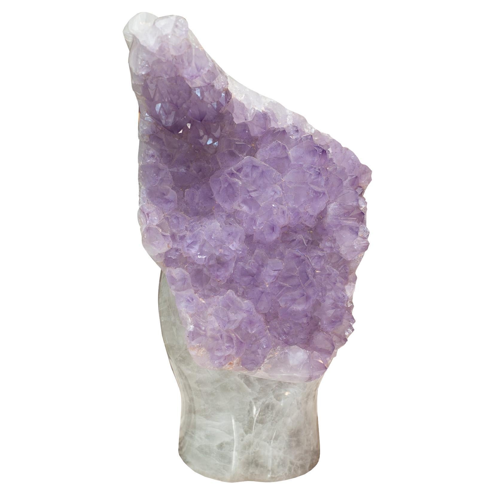 Contemporary Large Scale Carved Amethyst "Madonna" Specimen on Clear Quartz For Sale
