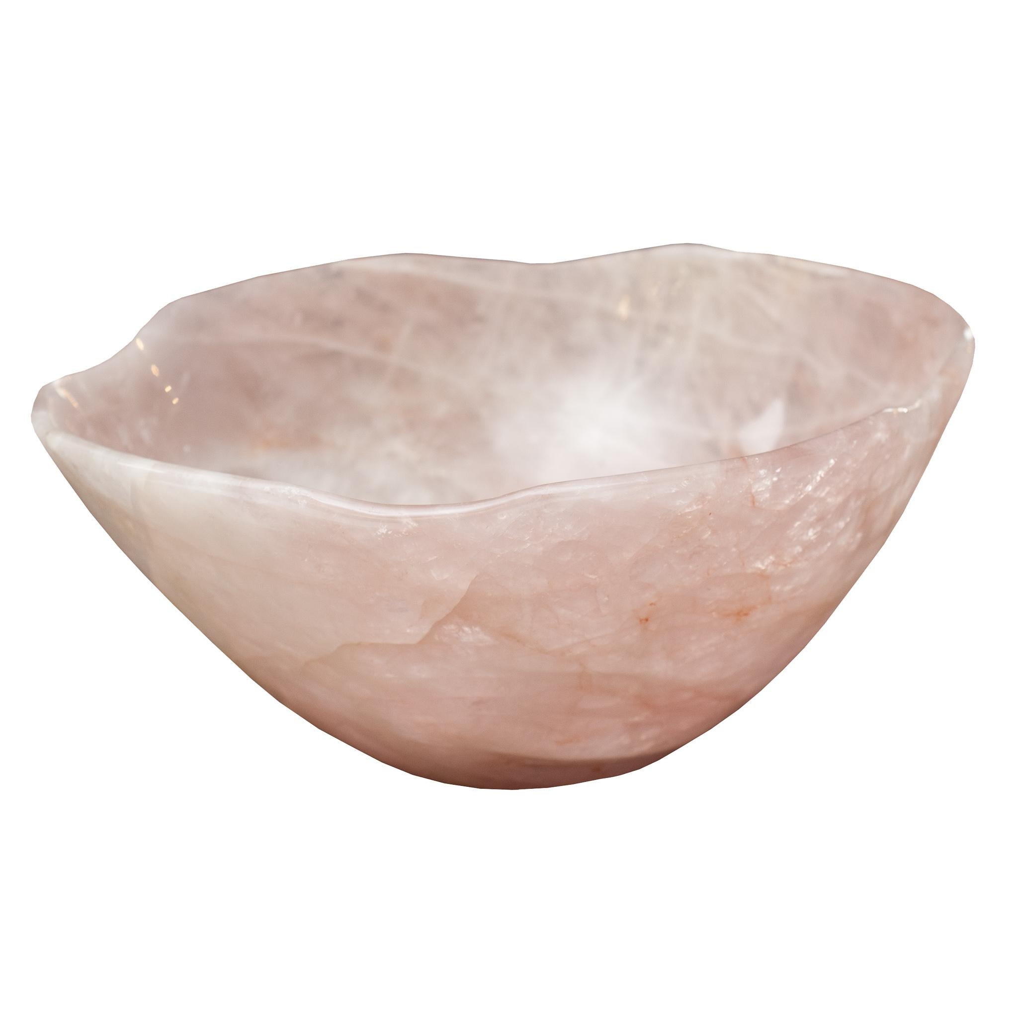 Contemporary Large Scale Carved Rose Quartz Crystal Bowl For Sale