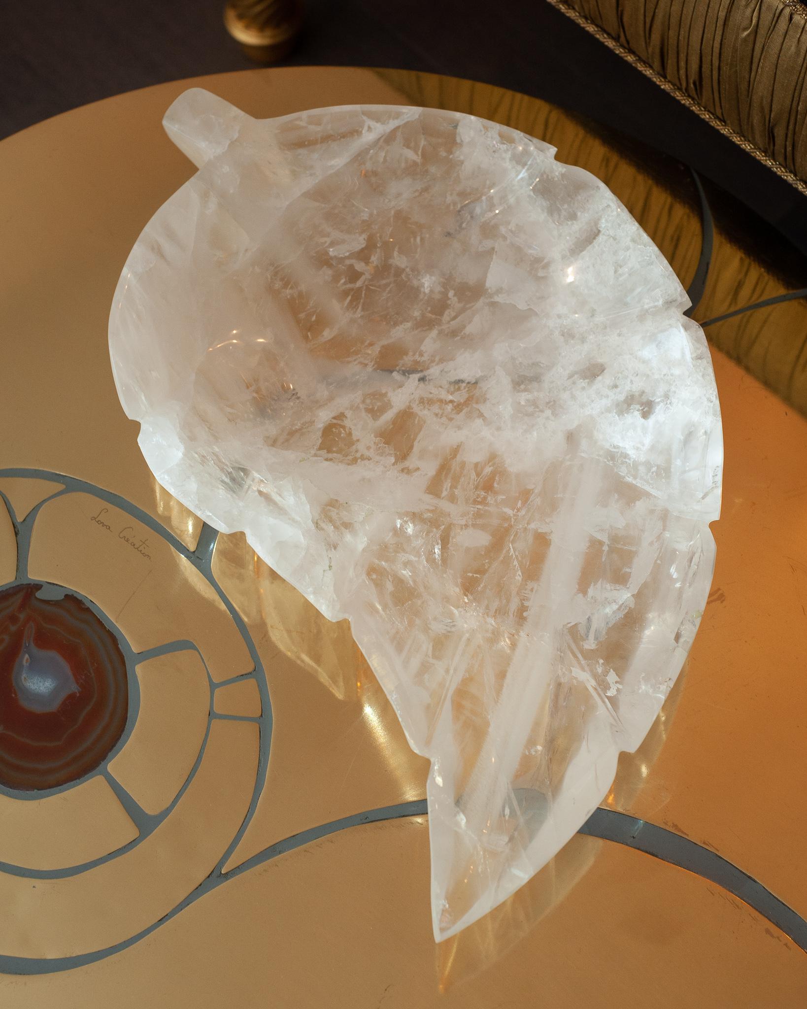 Brazilian Contemporary Large Scale Hand Carved Rock Crystal Clear Quartz Leaf Tray For Sale