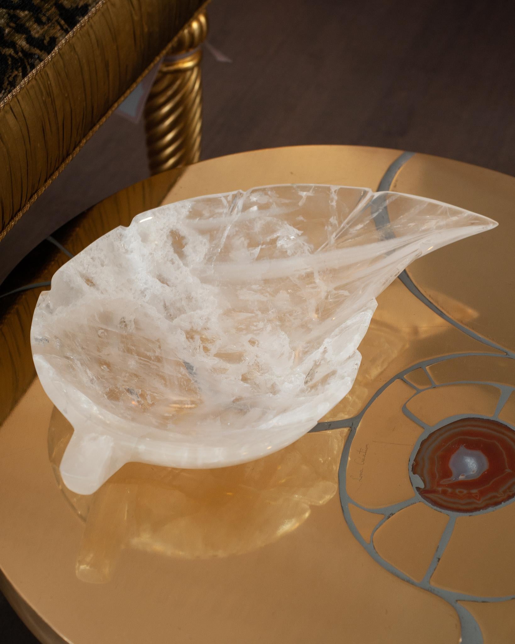 Hand-Carved Contemporary Large Scale Hand Carved Rock Crystal Clear Quartz Leaf Tray For Sale