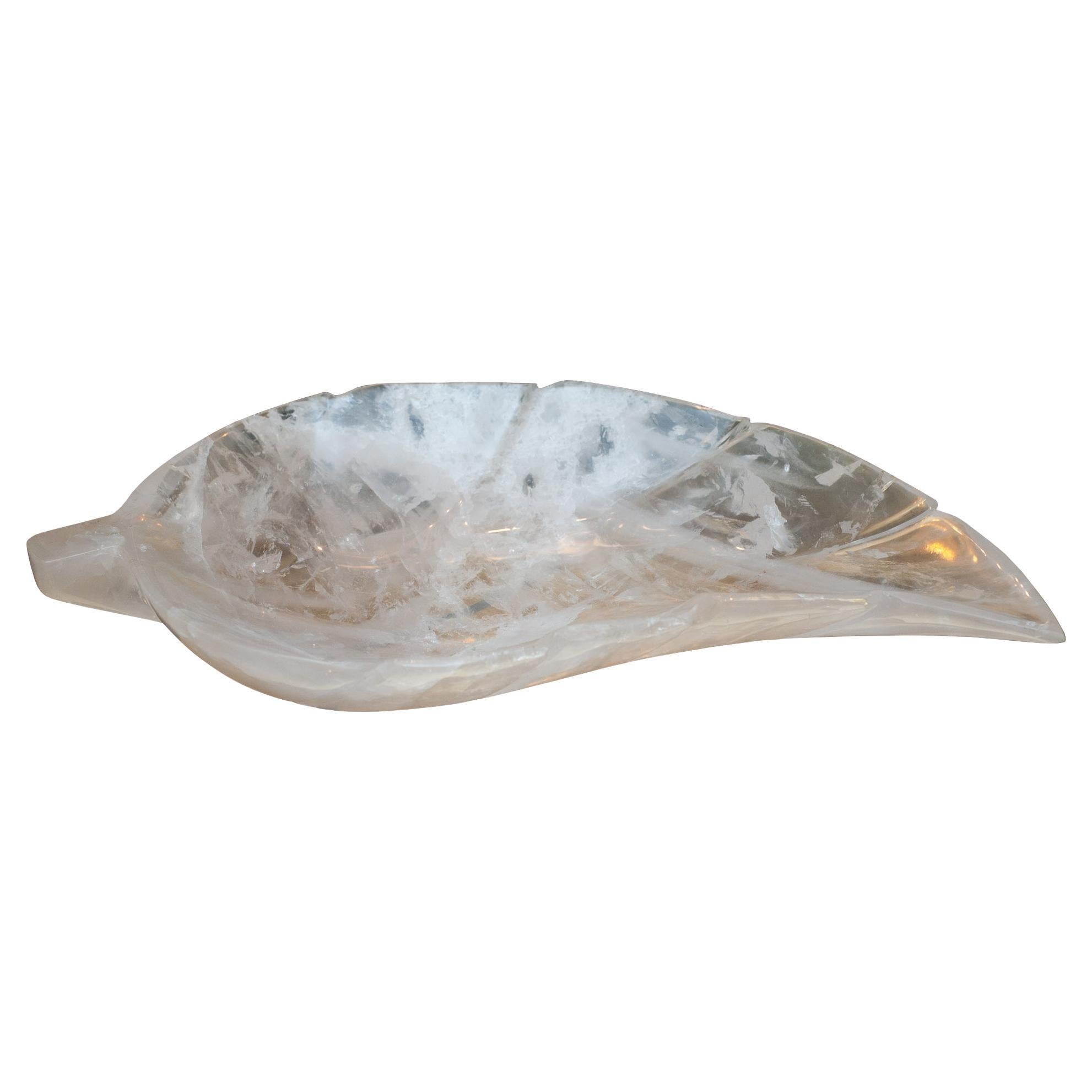Contemporary Large Scale Hand Carved Rock Crystal Clear Quartz Leaf Tray For Sale