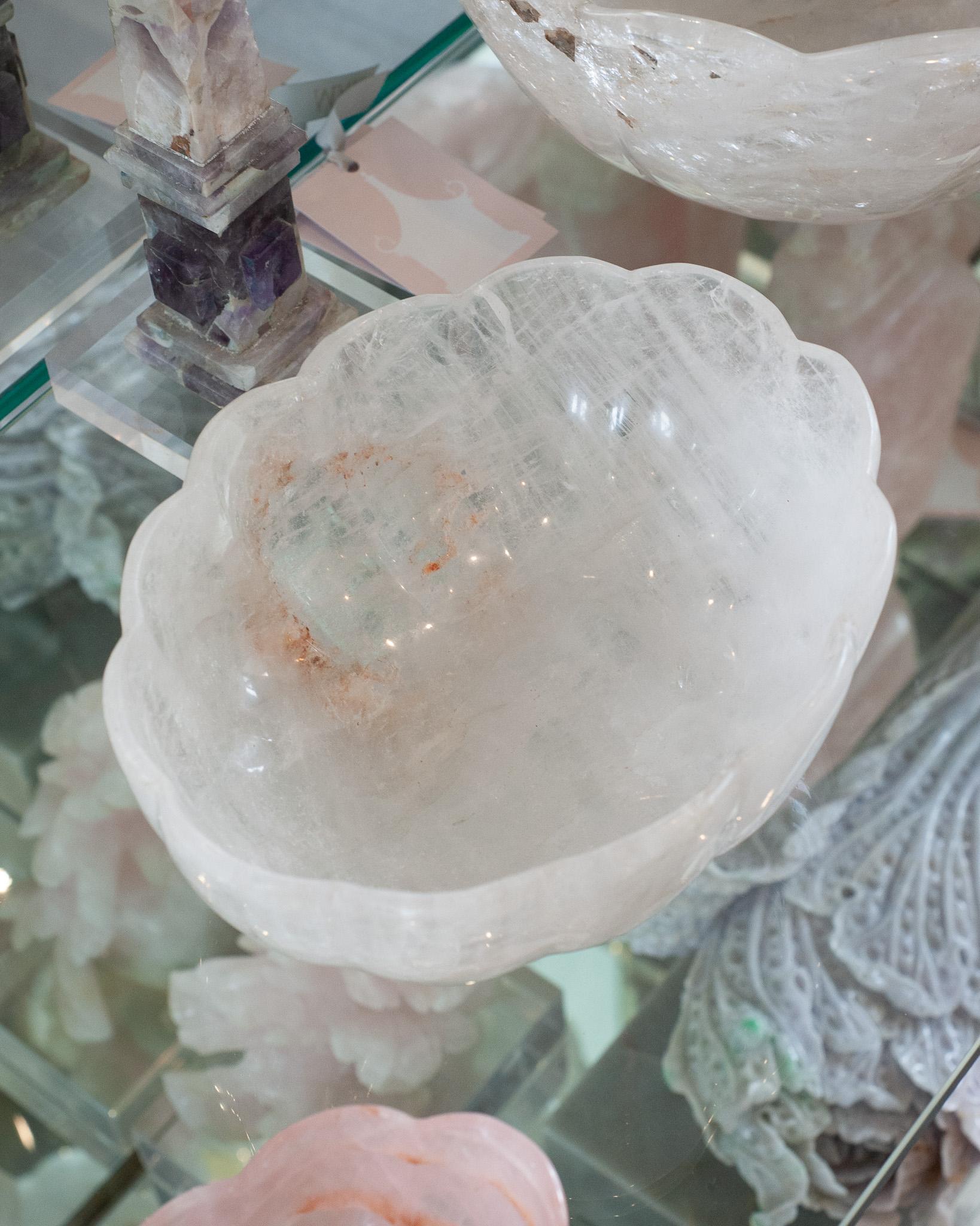 French Contemporary Large Scale Scalloped Oval Rock Crystal Bowl with Foot For Sale