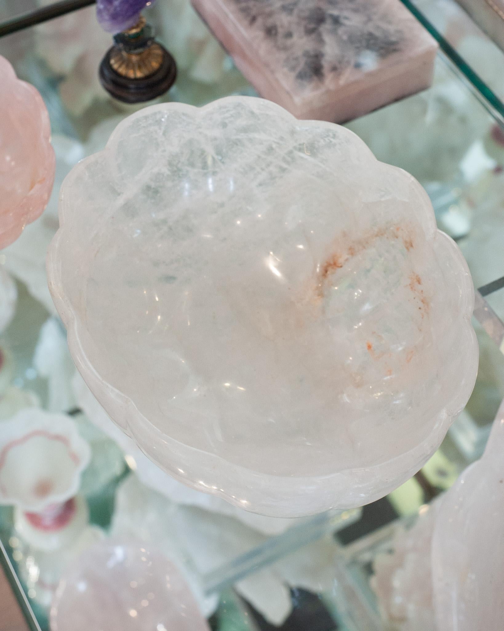 Contemporary Large Scale Scalloped Oval Rock Crystal Bowl with Foot For Sale 1