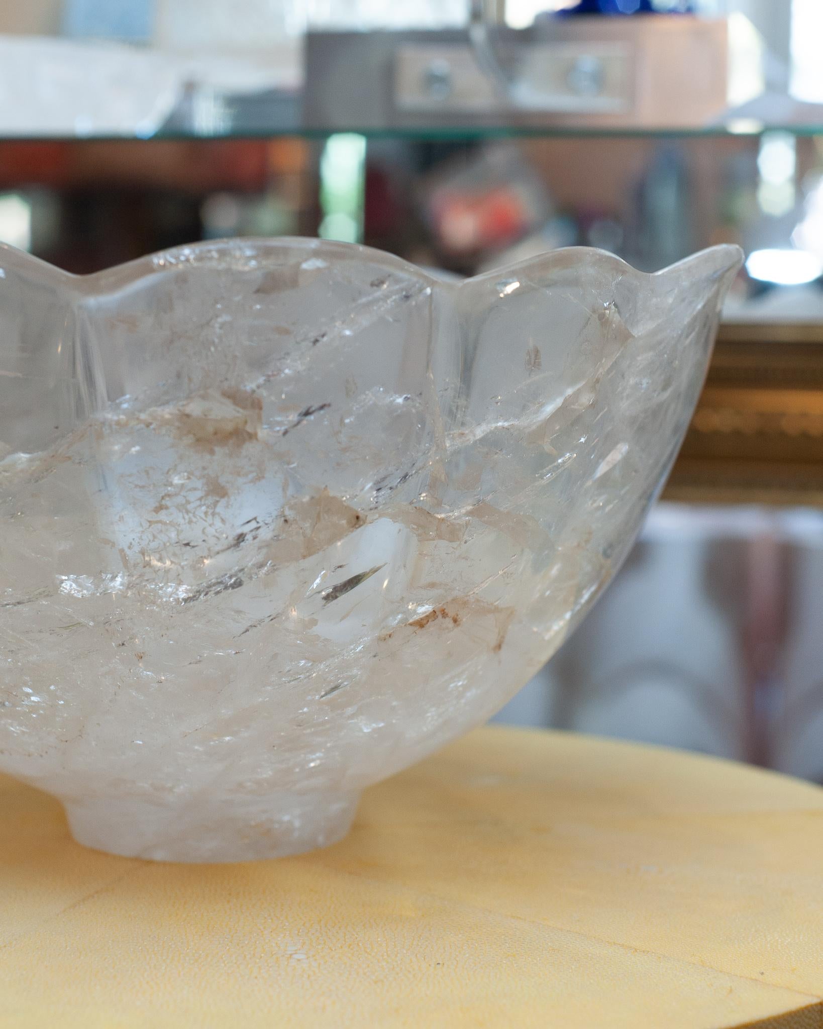 French Contemporary Large Scale Scalloped Rock Crystal Bowl with Foot For Sale