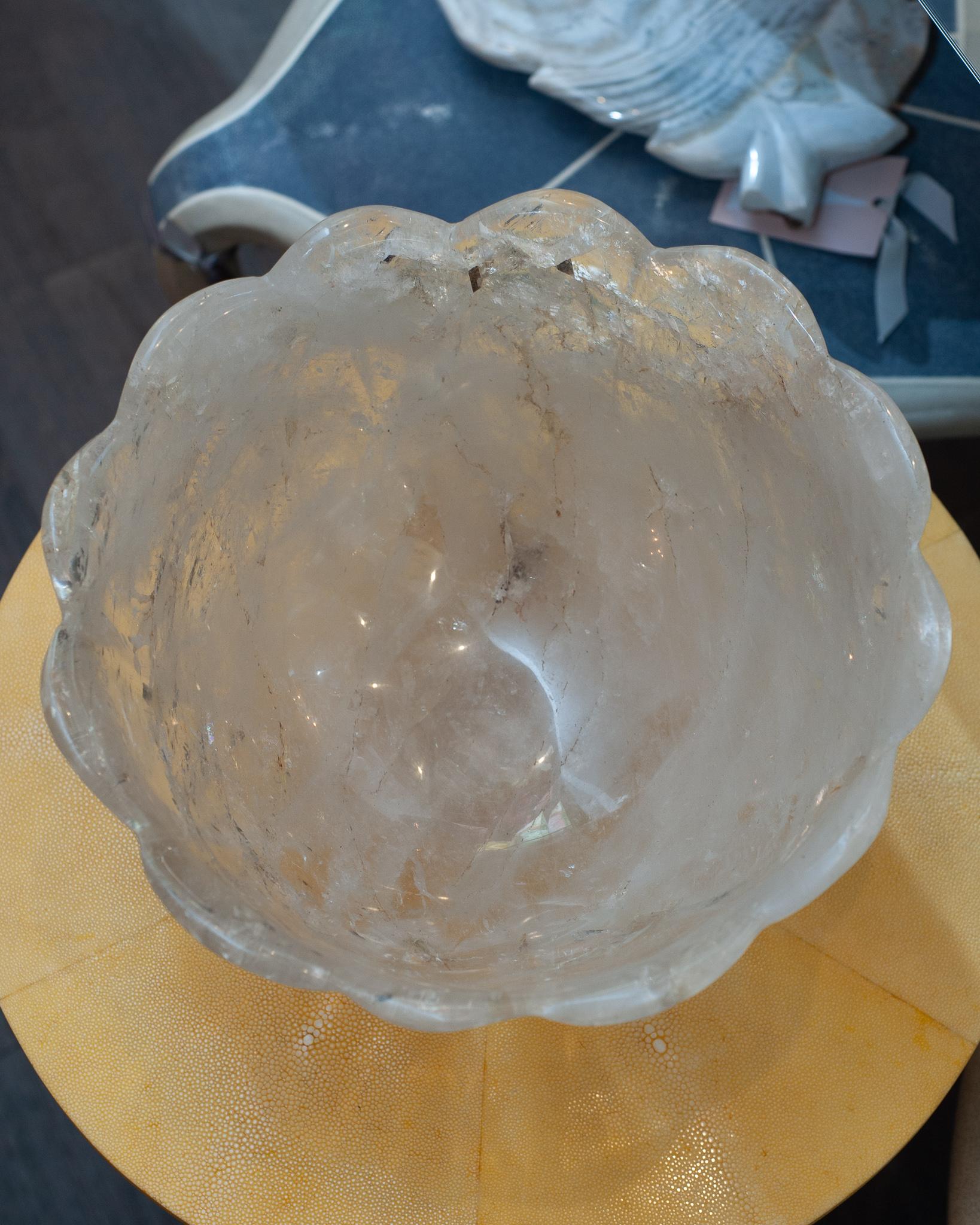 Contemporary Large Scale Scalloped Rock Crystal Bowl with Foot For Sale 1