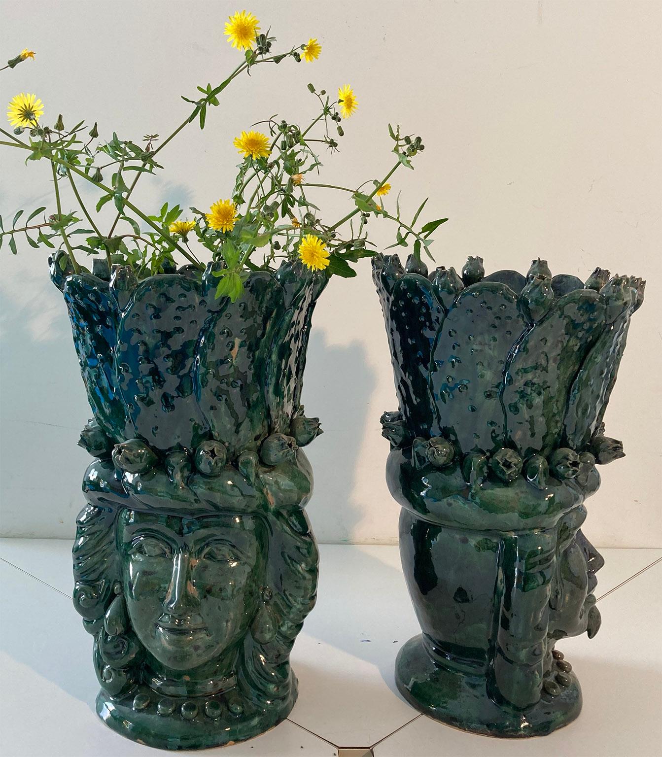 Pair of typical beautiful and large ceramic vases  handmade by ceramist Nicola Mirenda, 
in green ceramic completely hand made and painted in Sicily, in the famous ceramic disctrict Santo Stefano di Camastra with the shape of the famous 